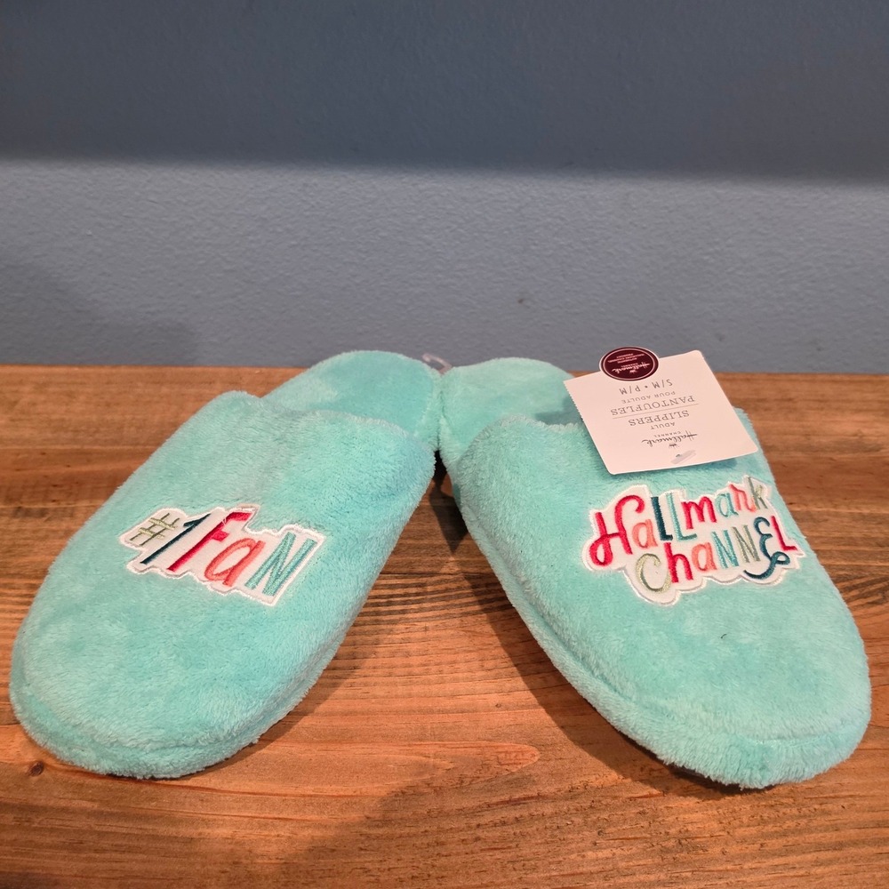 Hallmark Channel Womens Slippers Aqua Blue #1 Fan Embroidery S/M